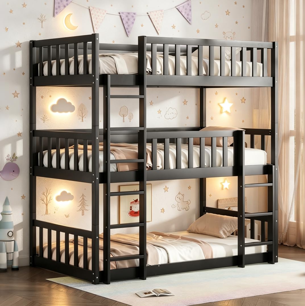 Bellemave Twin Over Twin Over Twin Triple Beds for 3 Kids, Wood 3 Bunk Beds, Espresso