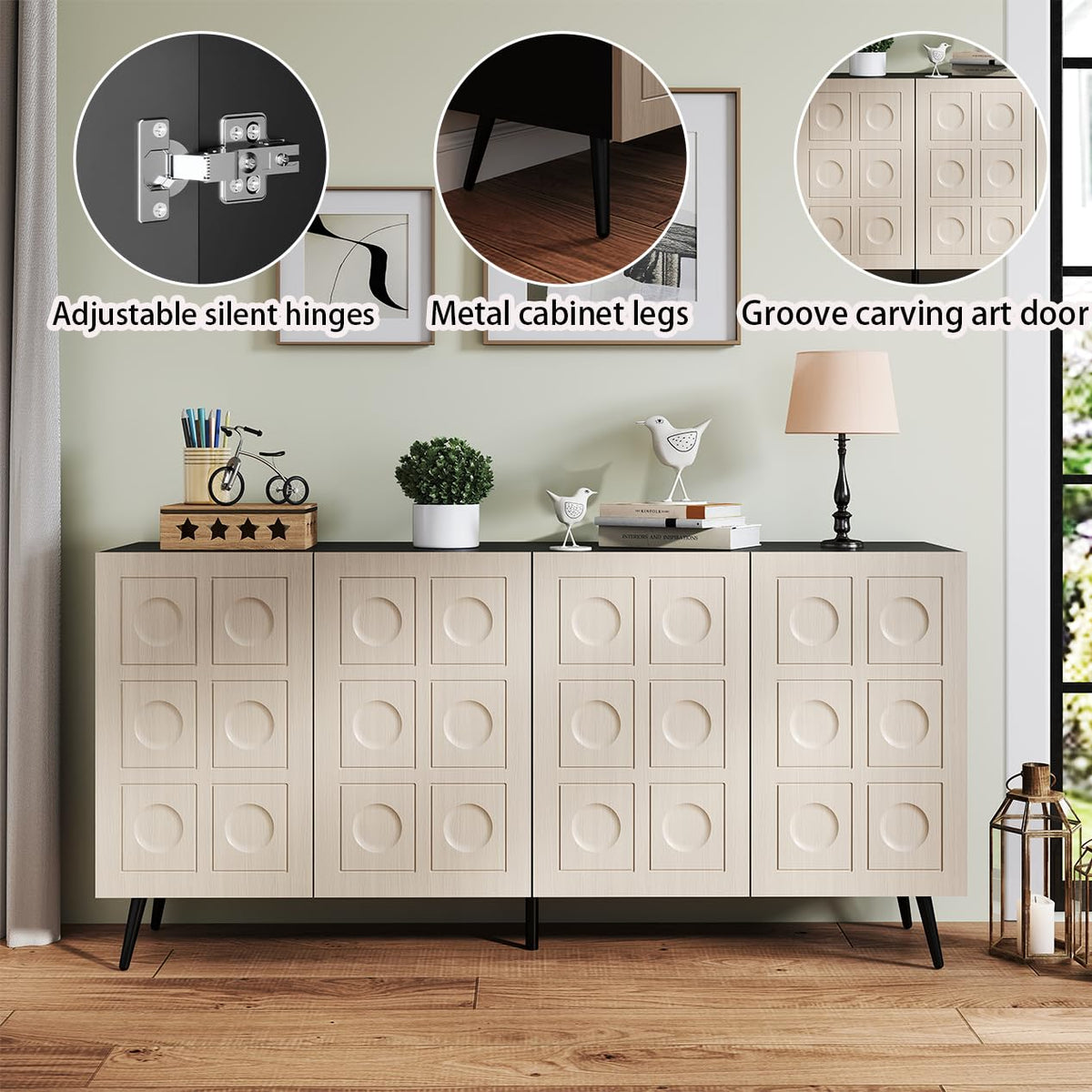 Mhsatyrs Oak and Black Wood Accent Cabinet with 4 Doors, 63" Sideboards