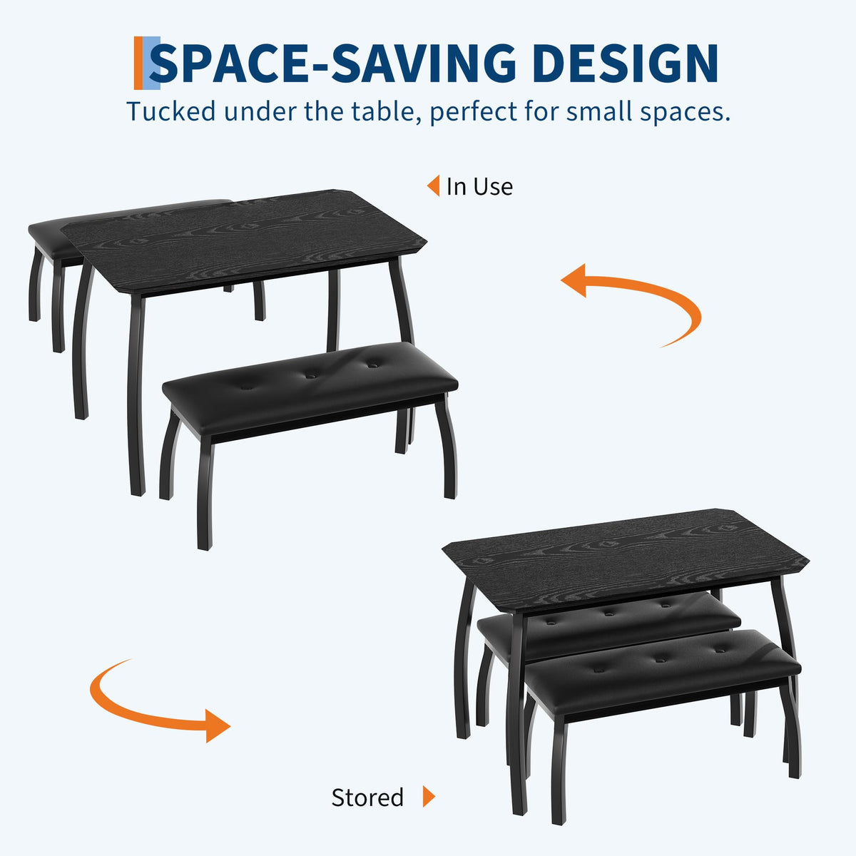 GAOMON 3-Piece Dining Table Set for 4, Industrial Kitchen Table with 2 PU Leather Benches, Engineered Wood Top & Metal Frame, Space-Saving Dinette Set for Dining Room, Apartment, Home，Black