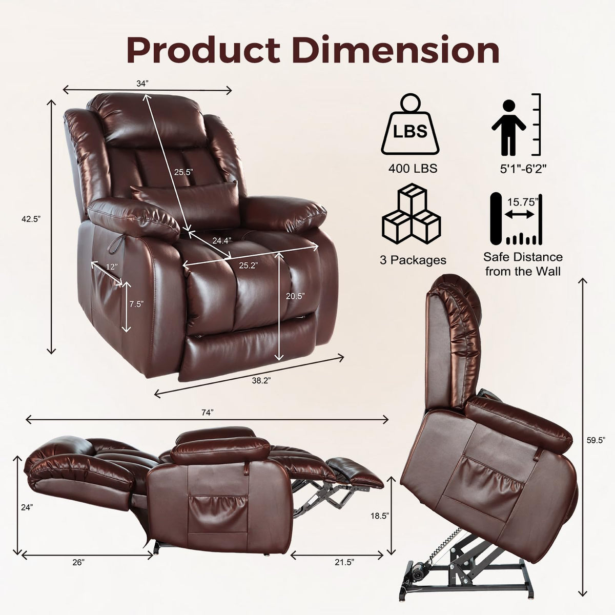 Oversized Massage Lift Recliner with Heat