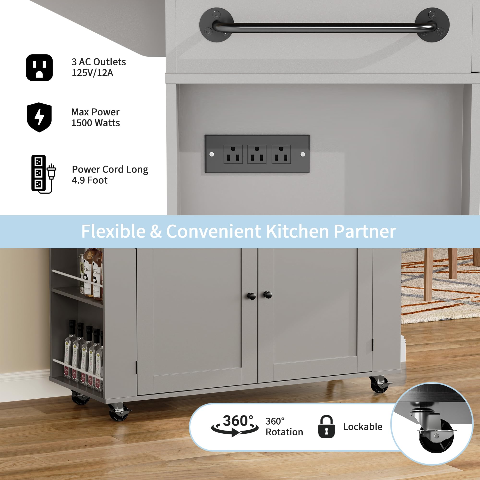 Rolling Kitchen Island with Drop Leaf & Charging Station