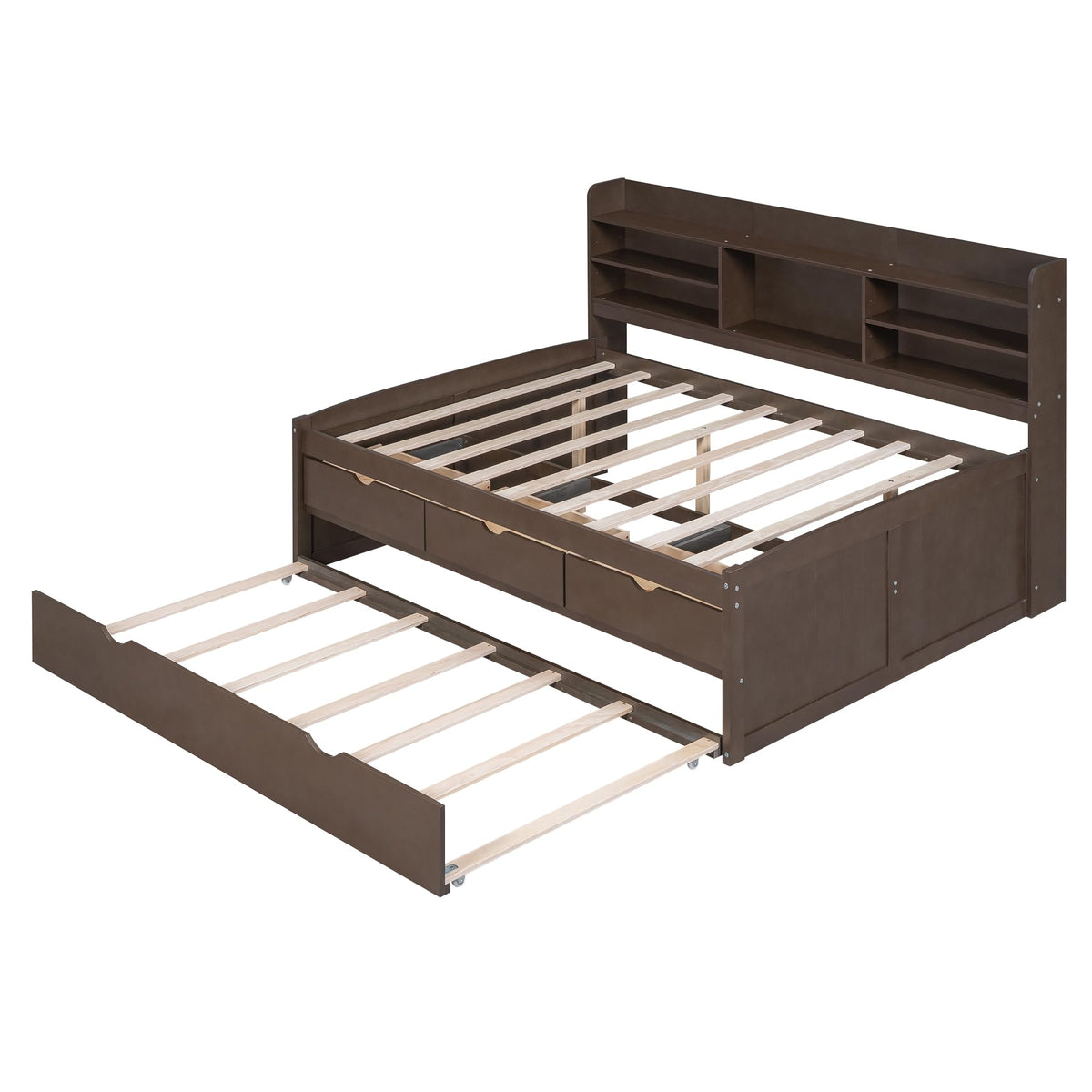 Bellemave Full Size Captain Bed, Full Beds with Trundle and Storage Drawers, Wood Daybed Frame with Bookcase Headboard and Slats Support for Kids Boys Girls Teens, Antique Brown