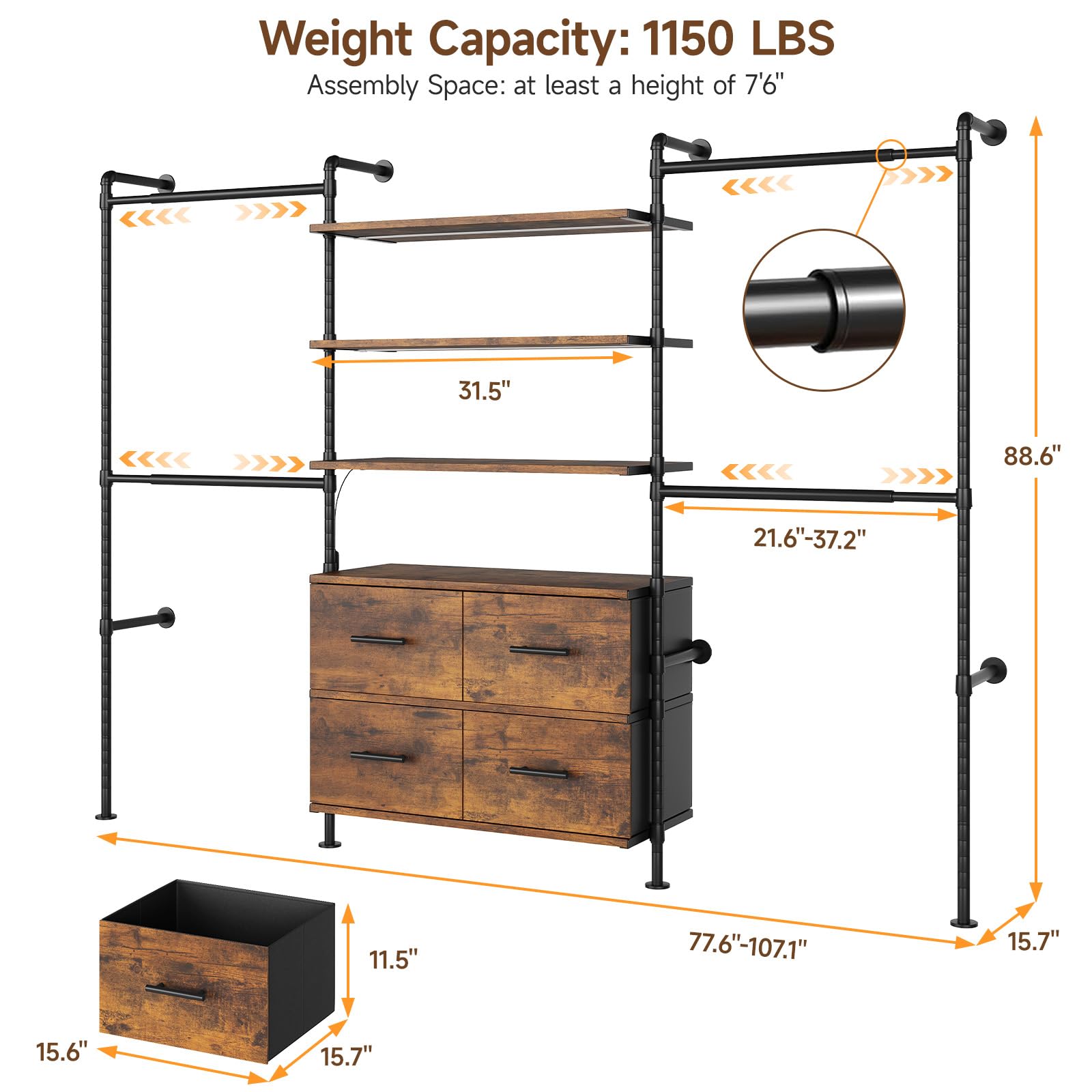 T3 Closet System with Stepless Dimmable LED Light, Industrial Pipe Clothing Rack with 4 Drawers, 6 Wooden Shelves & 4 Telescopic Rods, Heavy Duty Closet Organizers in Wardrobe Closet (Rustic Brown)