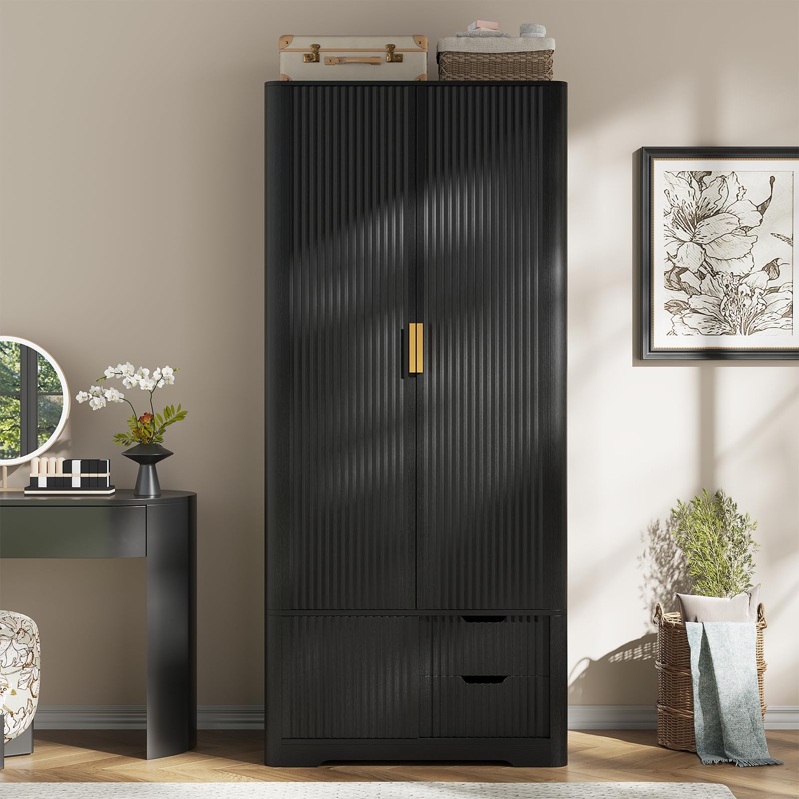 Vabches 71” Tall Armoire Wardrobe Closet with 2 Drawers and Shelves, Large Wooden Wardrobe Cabinet with Hanging Rod, Sliding Cabinet, Modern Fluted Clothing Storage Cabinet for Bedroom, Black