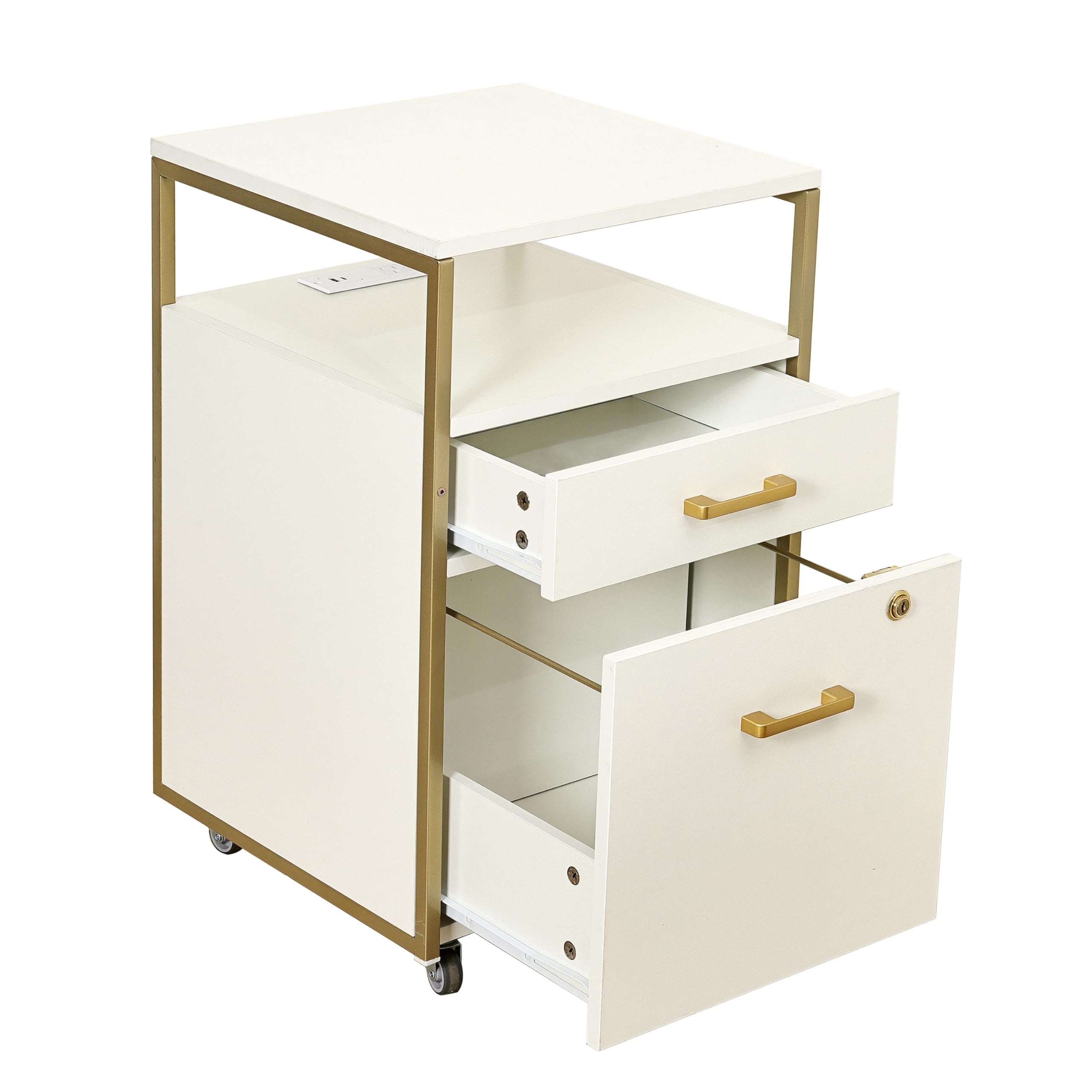 2-Drawer Rolling File Cabinet with Lock, USB Ports & Power Outlet