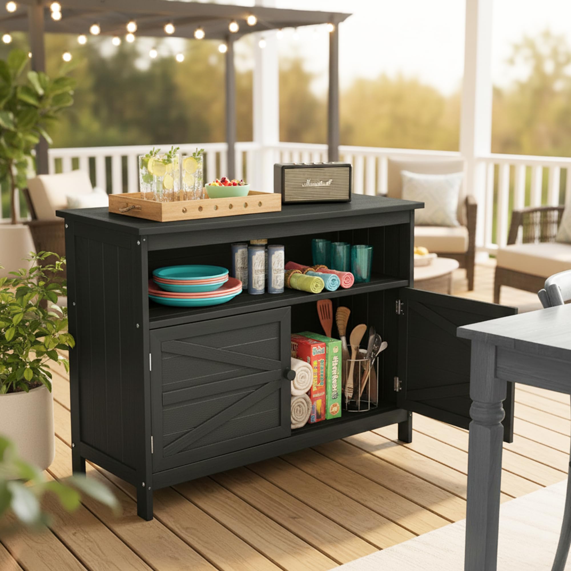 Congfutt HIPS All-Weather Outdoor Storage Cabinet,Outdoor Sideboard with Magnetic Doors,3-Shelves Patio Storage Cabinet, Used for Garden,Buffet Cabinet,TV Stand, Bar Table,Balcony