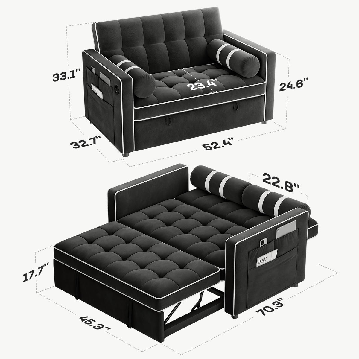 Marsail 3-in-1 Futon Sleeper Sofa Bed, Convertible Pull Out Couch, Black