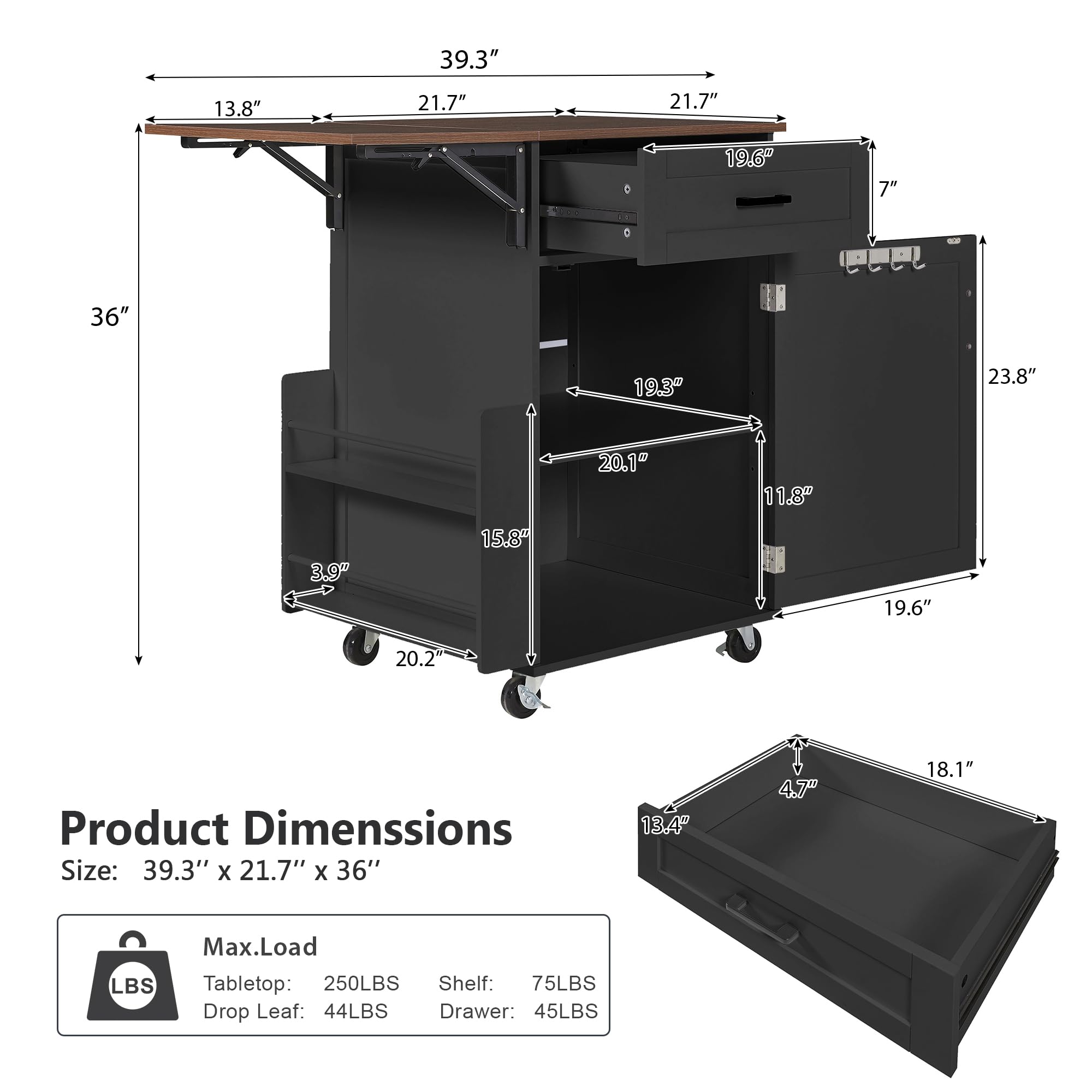 Seeheool K&K 39.3" Farmhouse Kitchen Island with Drop Leaf, Kitchen Storage Island with Open Side Rack, One Drawer, Towel Rack, Rolling Kitchen Cart with Lockable Wheels for Lawn Garden, Black
