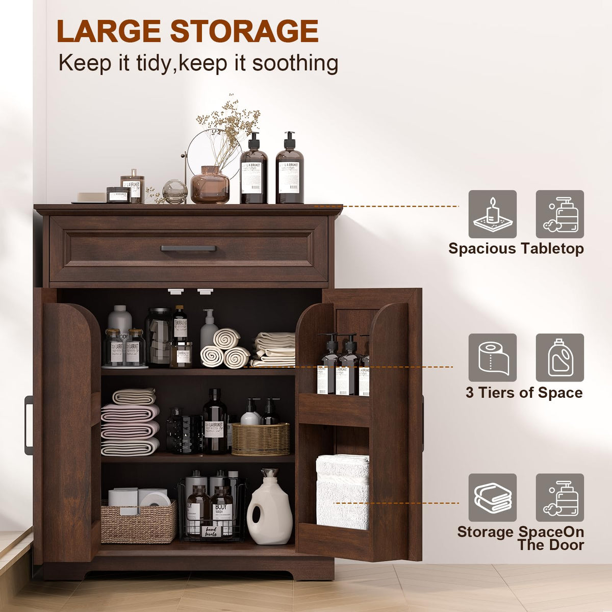 REDAYFUR Kitchen Storage Cabinet with Drawer, Buffet Cabinet with Storable Door, Modern Floor Sideboard, Cherry Freestanding for Kitchen