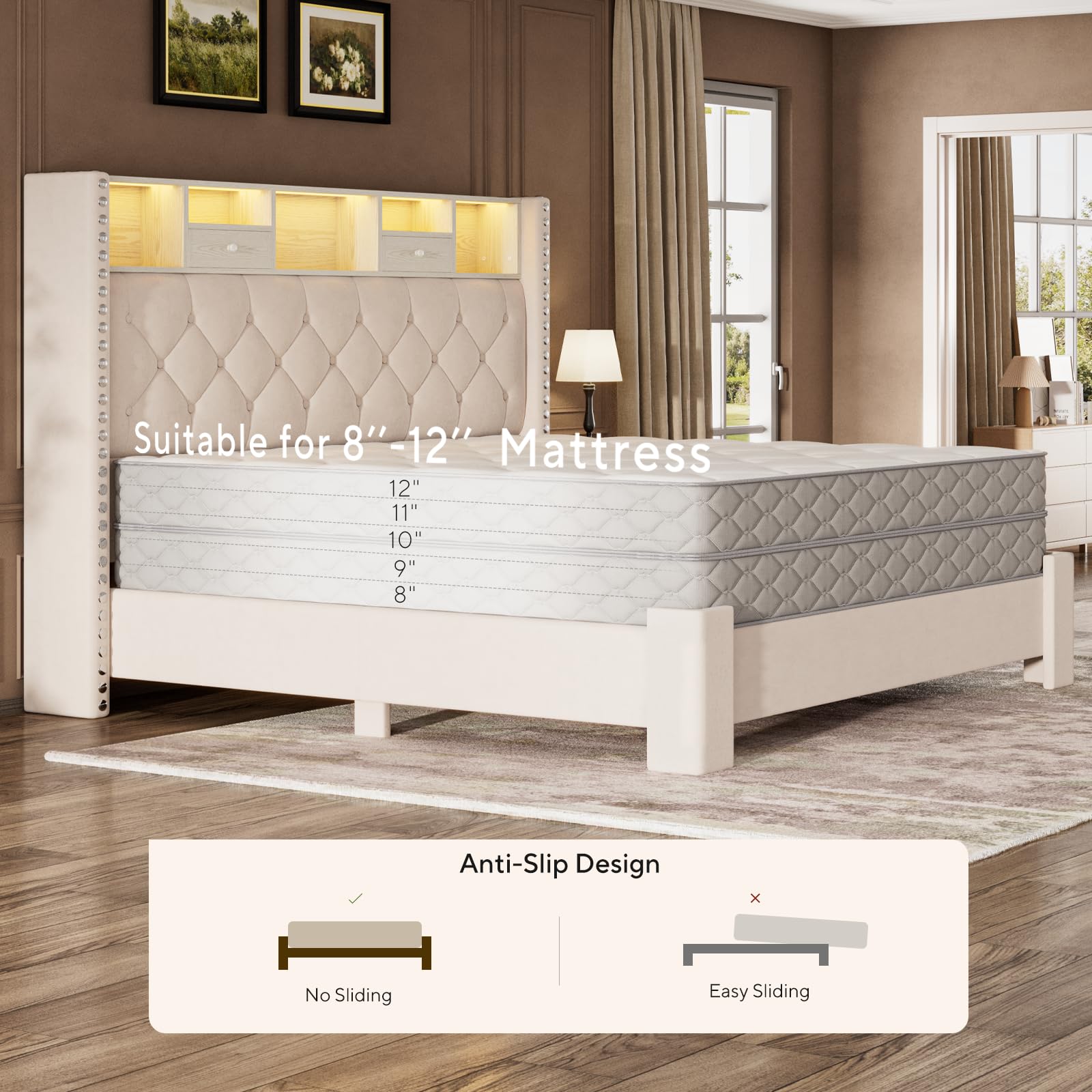 Upholstered Wingback Bed Frame with Storage & LED