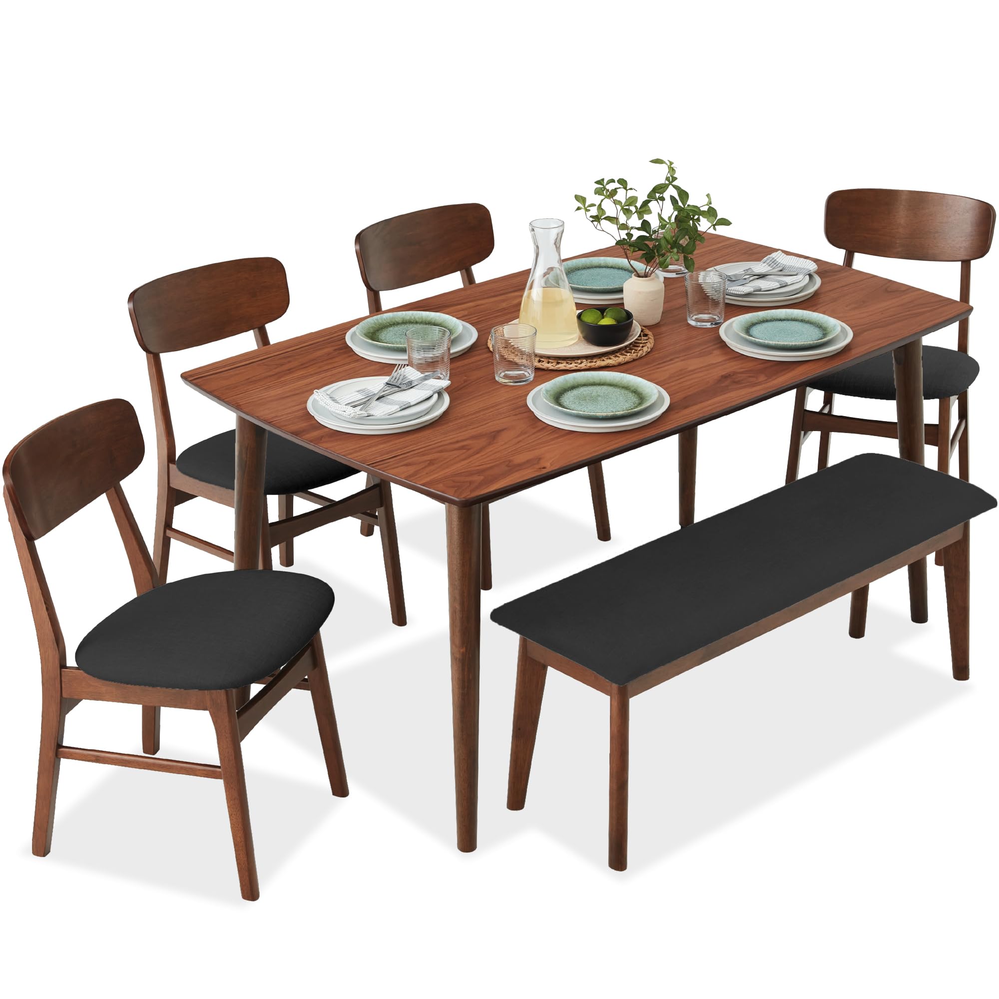 Best Choice Products 6-Piece Wooden Dining Set, Mid-Century Modern Table & Upholstered Chair Set w/Bench Seat, Rubberwood Legs - Walnut/Charcoal
