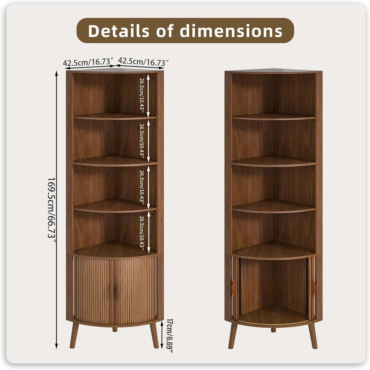 Limaoaio 66'' Tall Corner Bookshelf with 2 Fluted Sliding Doors,Walnut