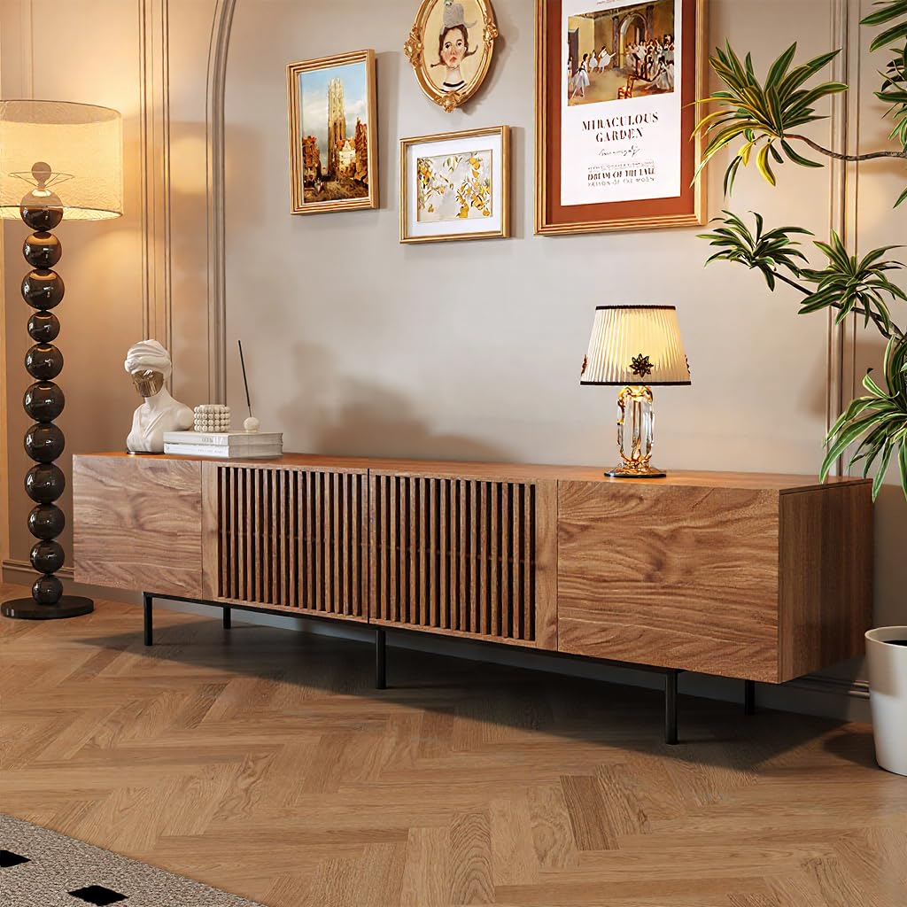 Pajiasen 94.48″ Mid Century Modern Walnut TV Stand with Grille Doors, Storage Cabinets,Entertainment Center for TVs Up to 80",Media Console for Living Room or Bedroom