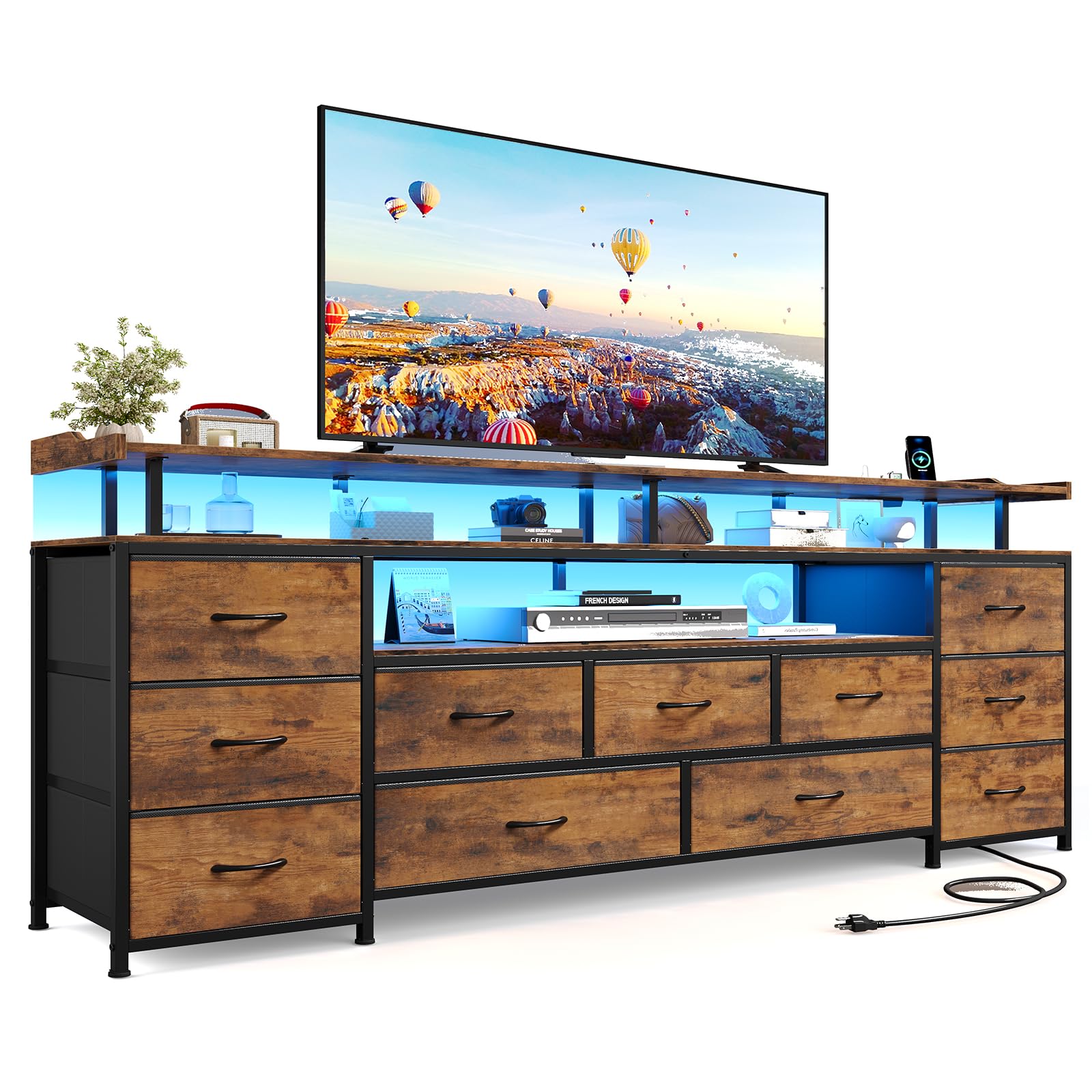 ADORNEVE TV Stand for 65 Inch TV, 63" W Large Entertainment Center with LED Lights & Charging Station, Long Dresser with 11 Fabric Drawers & Open Shelves for Bedroom,Living Room,Rustic Brown