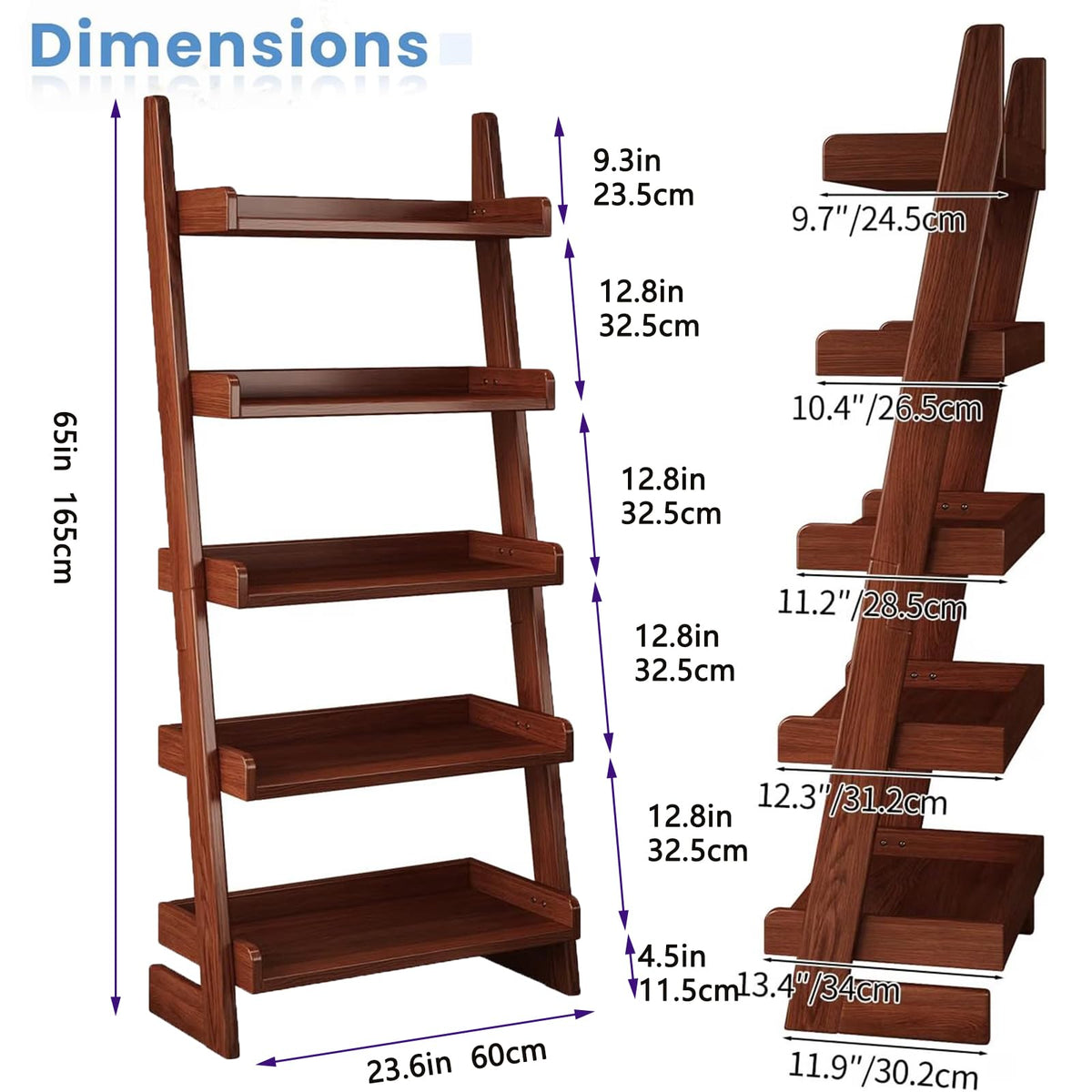 5-Tier Pine Ladder Bookshelf