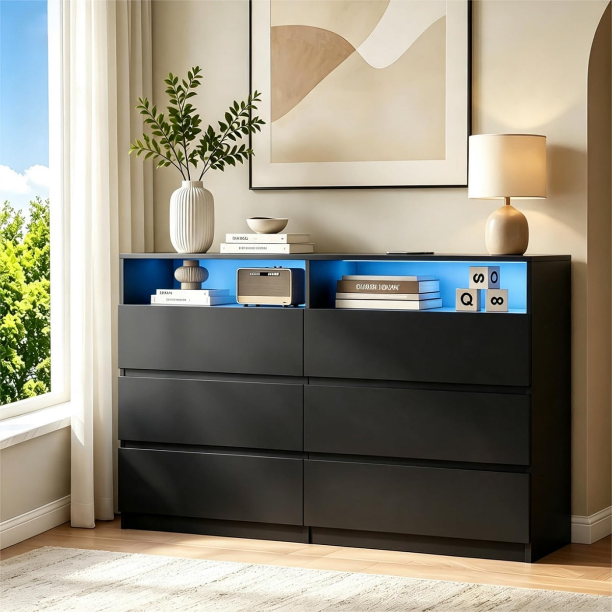 Premium 6 Drawers 2 Shelves 47"L Bedroom Black Dresser with RGB Lights