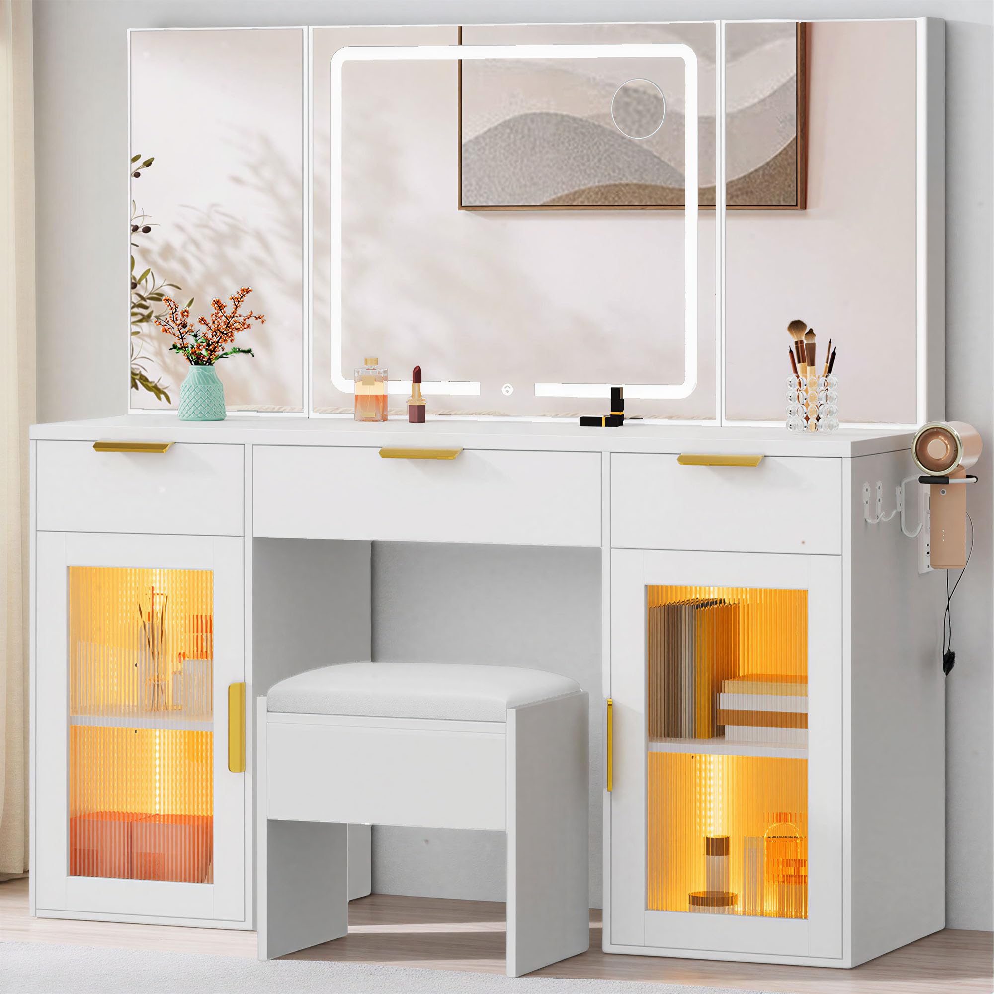 LED Vanity Desk with Tri-Fold Mirror & Lights, 3 Drawers