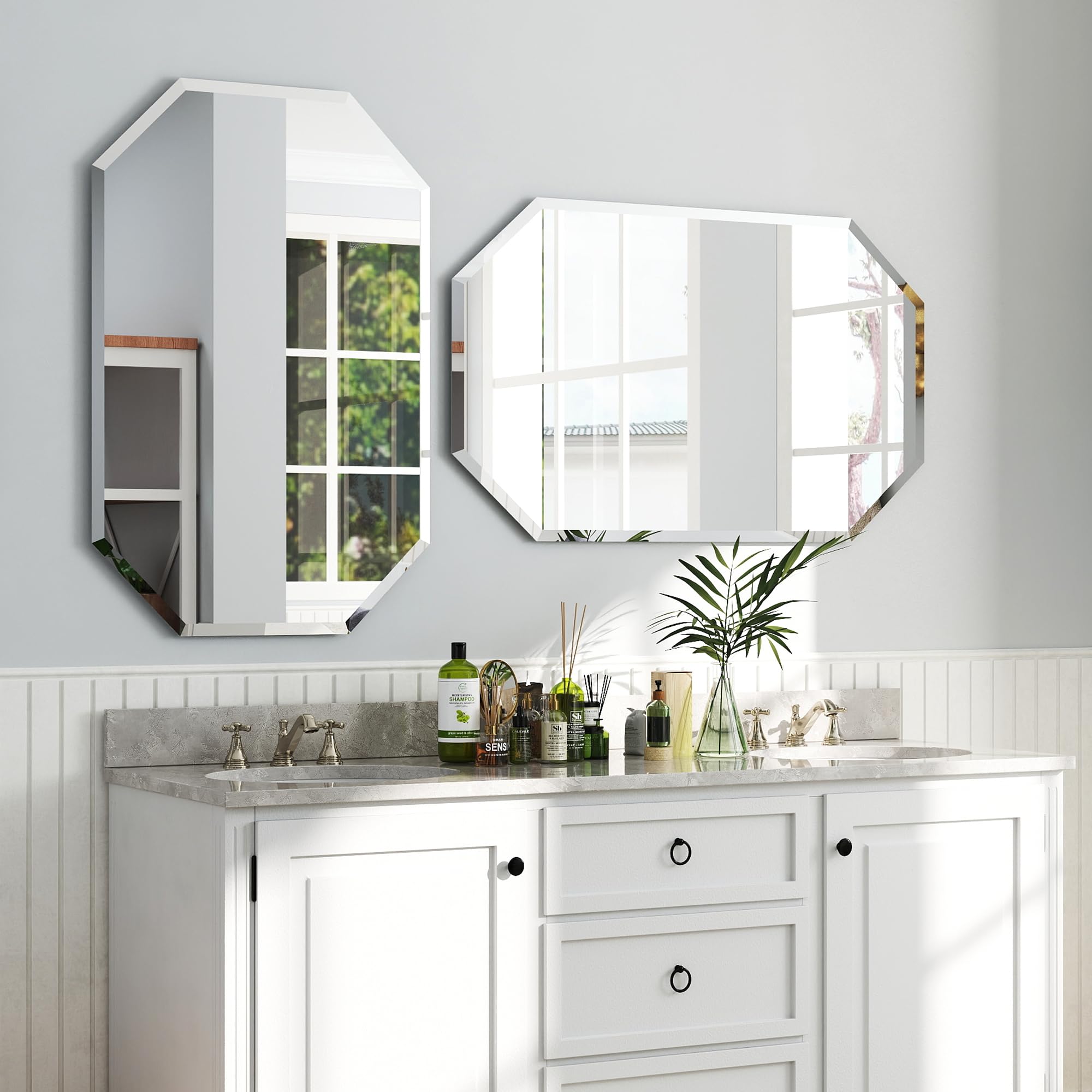 Chende 2 Packs Bathroom Mirror for Wall, 24"x32" Octagon Frameless Mirror with Beveled Edge, Vanity Mirror for Bathroom Living Room Bedroom Vertical or Horizontal