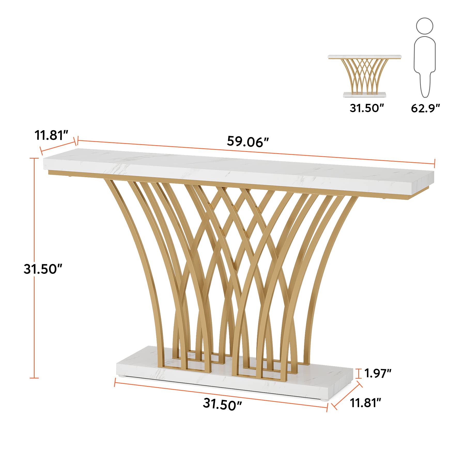 Tribesigns 59 inch Gold Console Table, Modern Entryway Table with Grid-Shaped Metal Base for Entrance, Hallway, Entryway, Living Room(White Faux Marble & Gold)