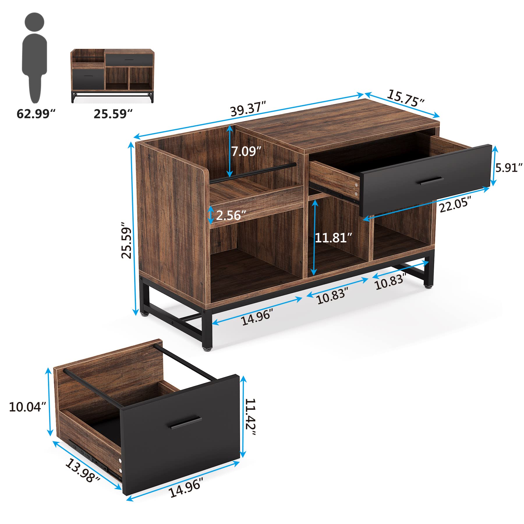 Lateral Filing Cabinet with 2 Drawers & Open Shelves