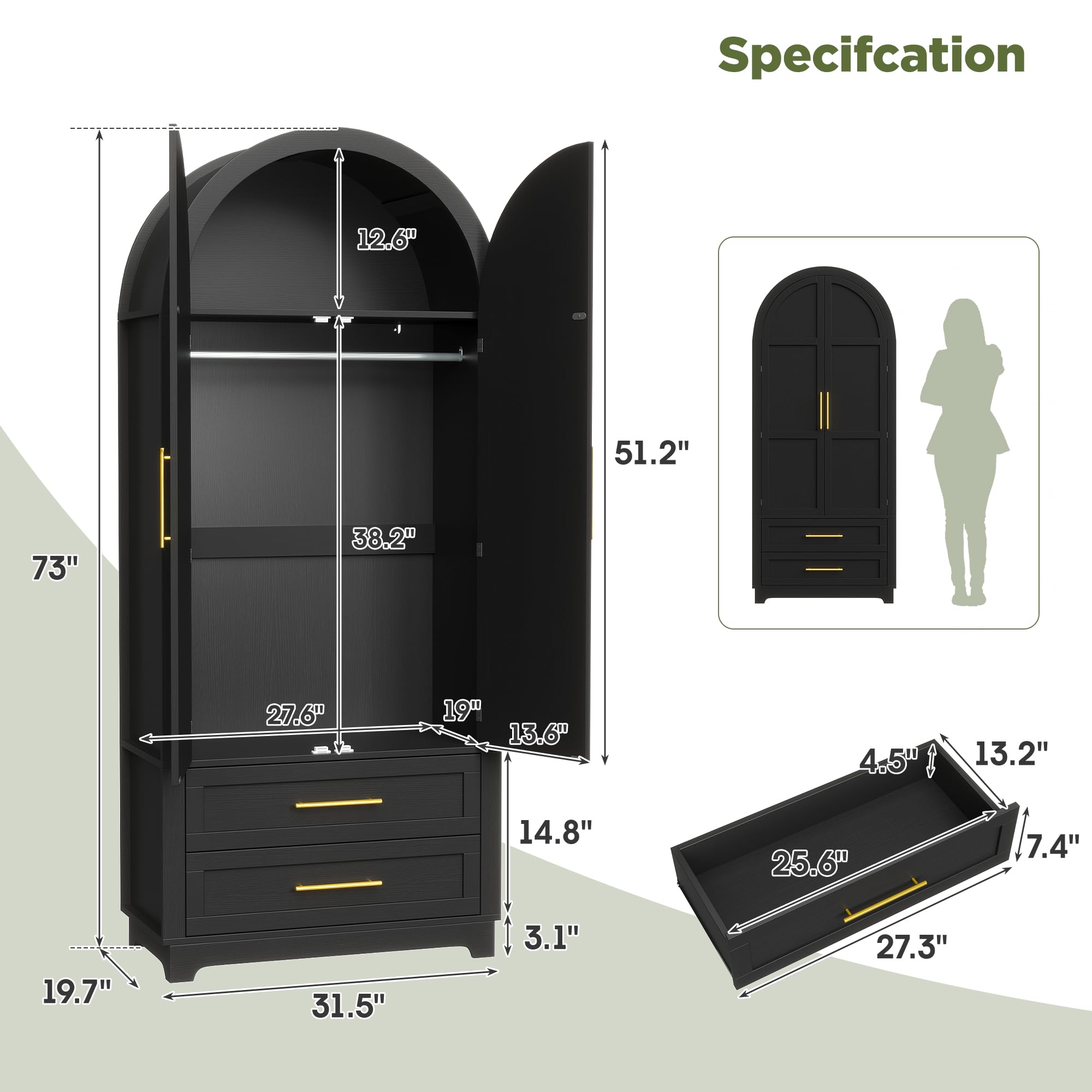 Arched Double Door Wardrobe with Drawers