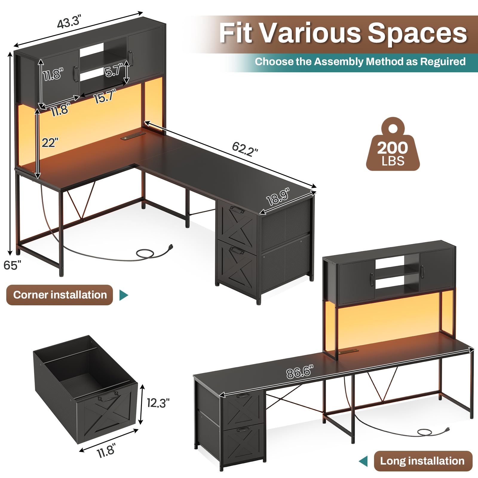 L-Shaped Corner Desk with Drawers, LED Lights & Power Outlet
