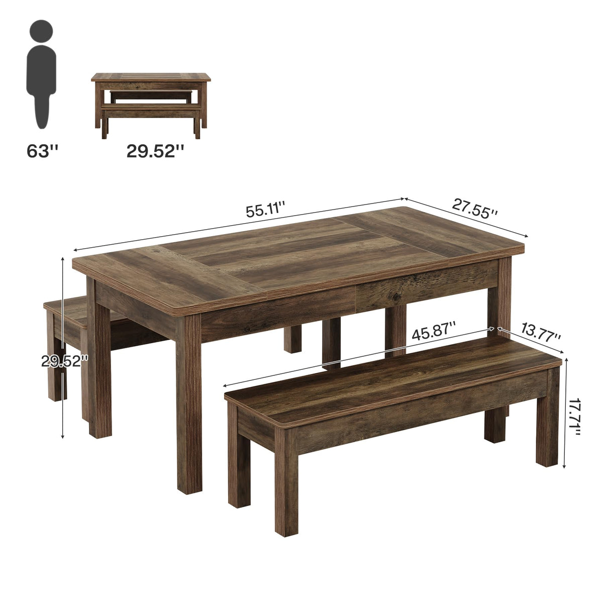 Tribesigns 55" Farmhouse Kitchen Table with 2 Dining Benches, Space Saving Dining Table Set for 4-6, 3 Pieces Wooden Dinette Set for Small Space, Restaurant, Breakfast Nook