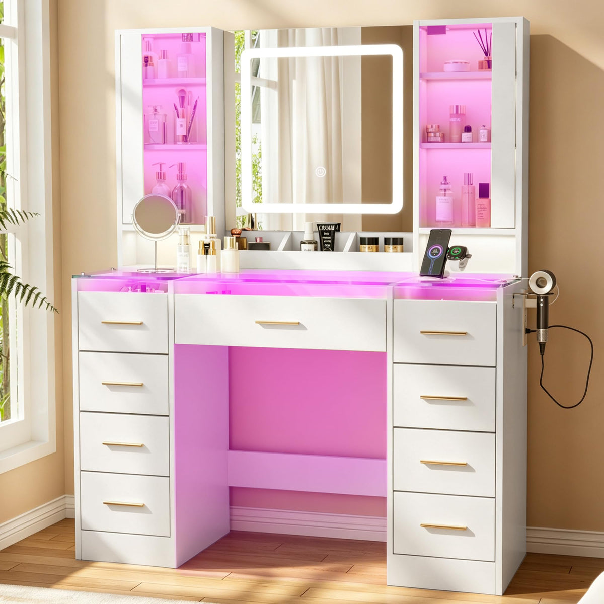 Vanity Desk with Mirror and Lights, 43" Large Makeup Vanity with Glass Top