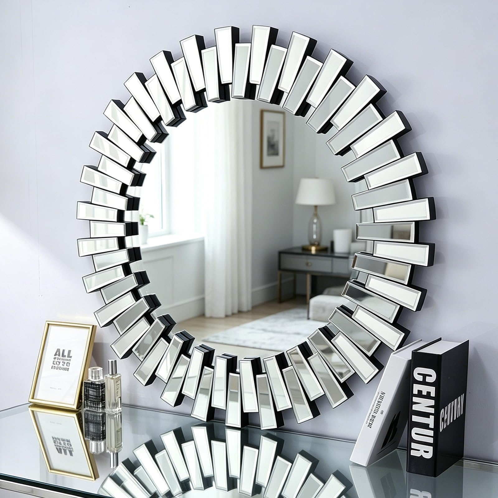 Round Sunburst Wall Mirror with Beveled Glass Frame