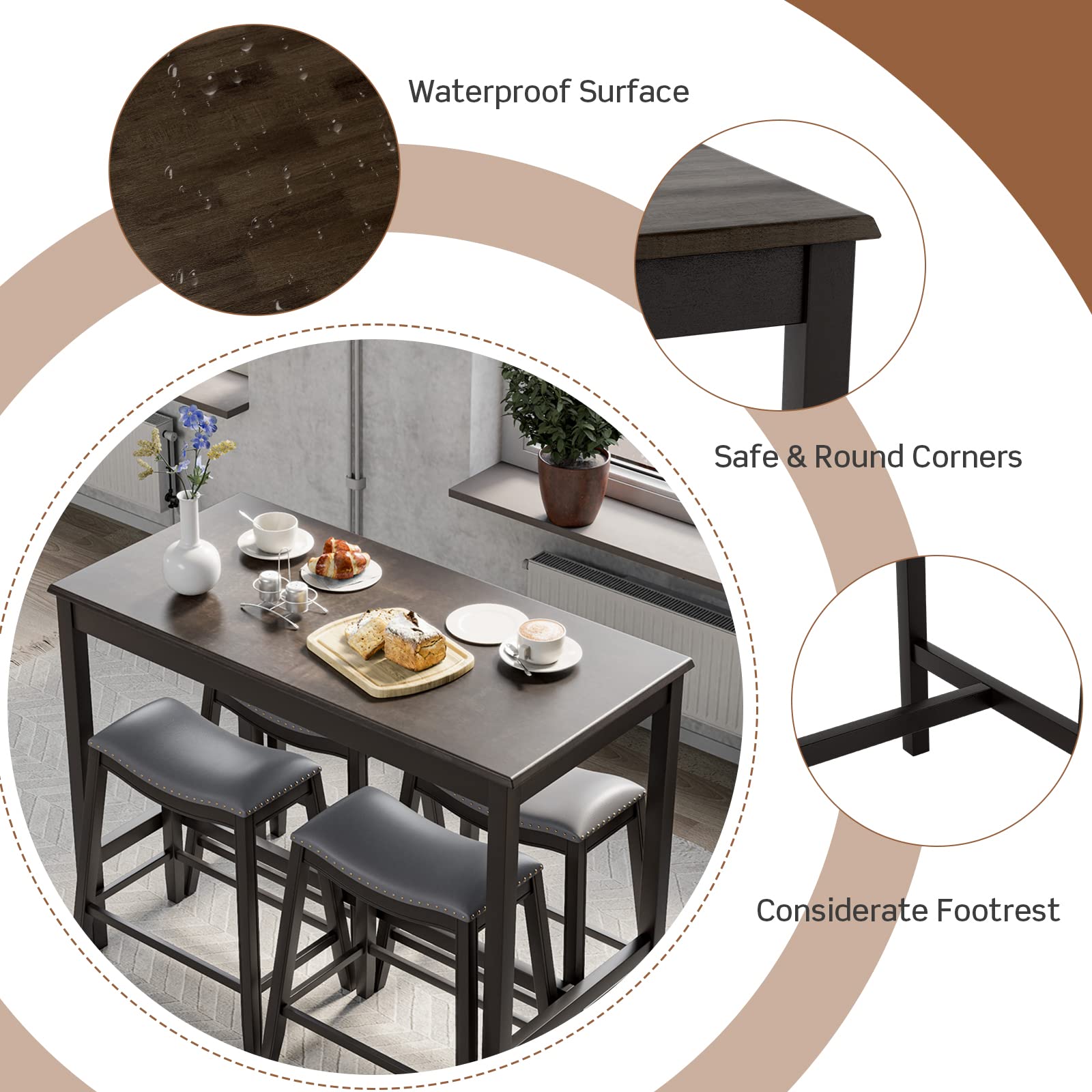 5-Piece Counter Height Bar Table & Saddle Stool Set