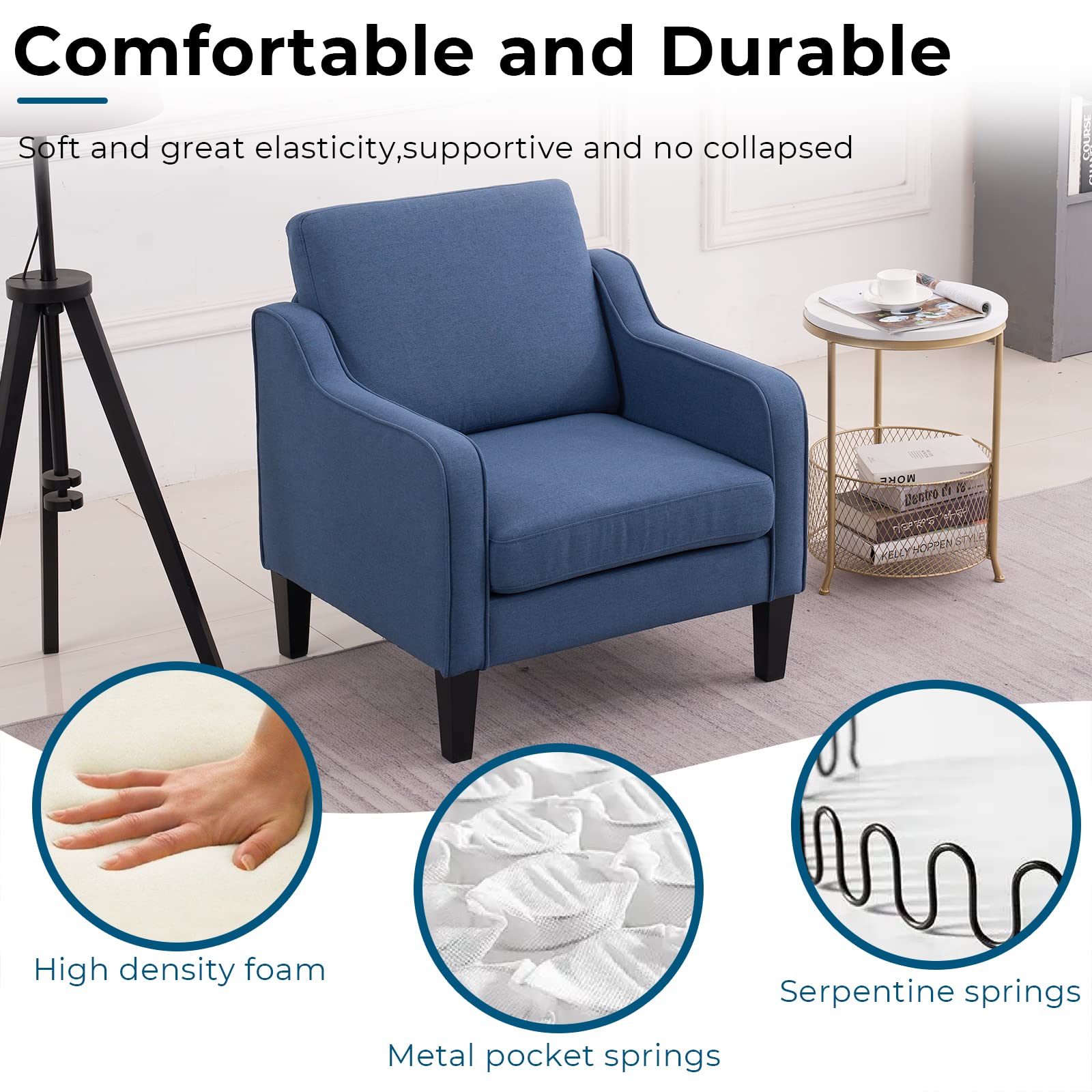 VINGLI Modern Accent Chairs Set of 2, Blue Living Room Chairs Comfy Armchair for Bedroom, Upholstered Sofa Chair Reading Chair for Small Spaces, Apartment, Waiting Room