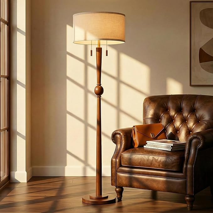Solid Wood Floor Lamp with 2-Light Pull Chain & Linen Drum Shade