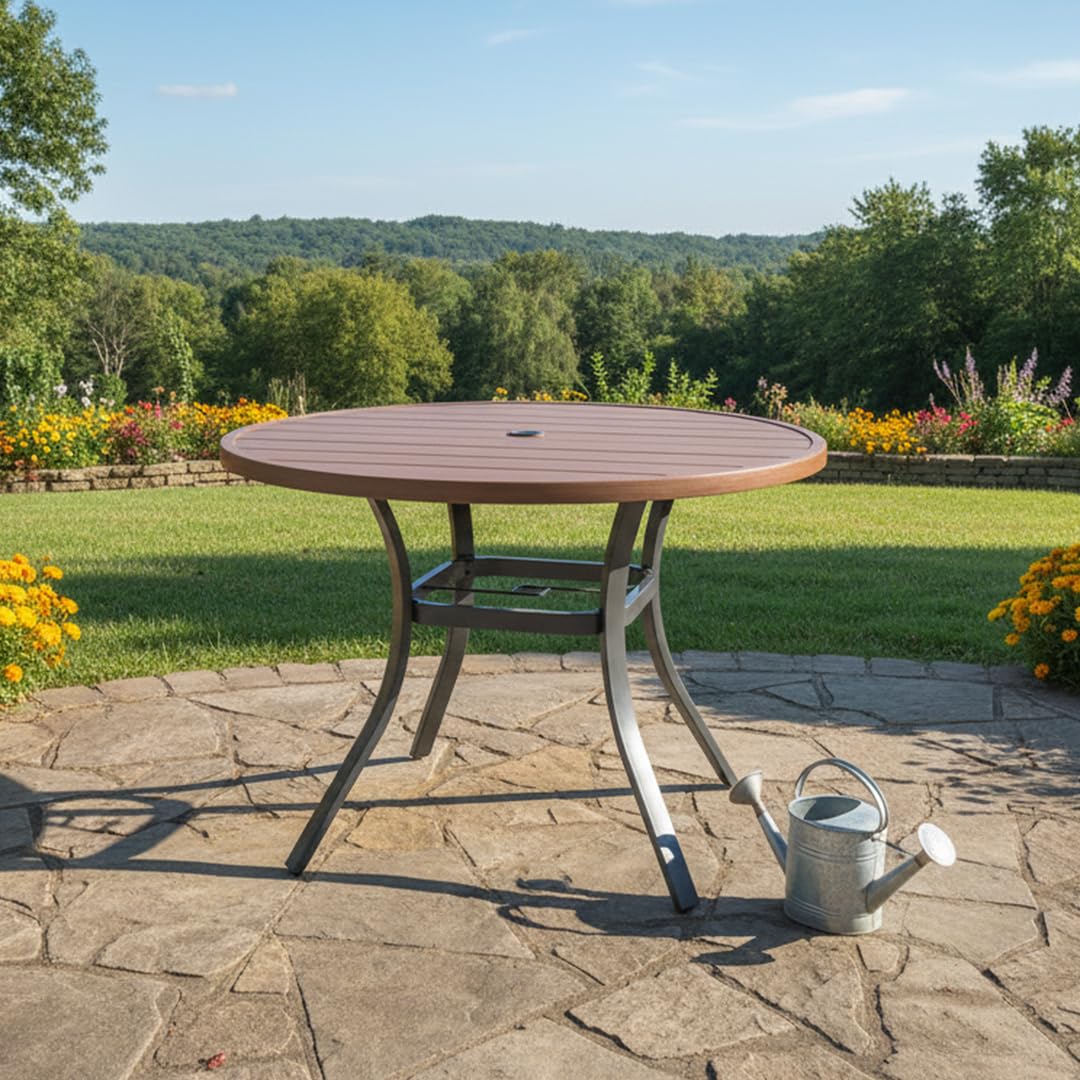 Anmutig 41" Round Outdoor Dining Table Metal Patio Table Brown Top