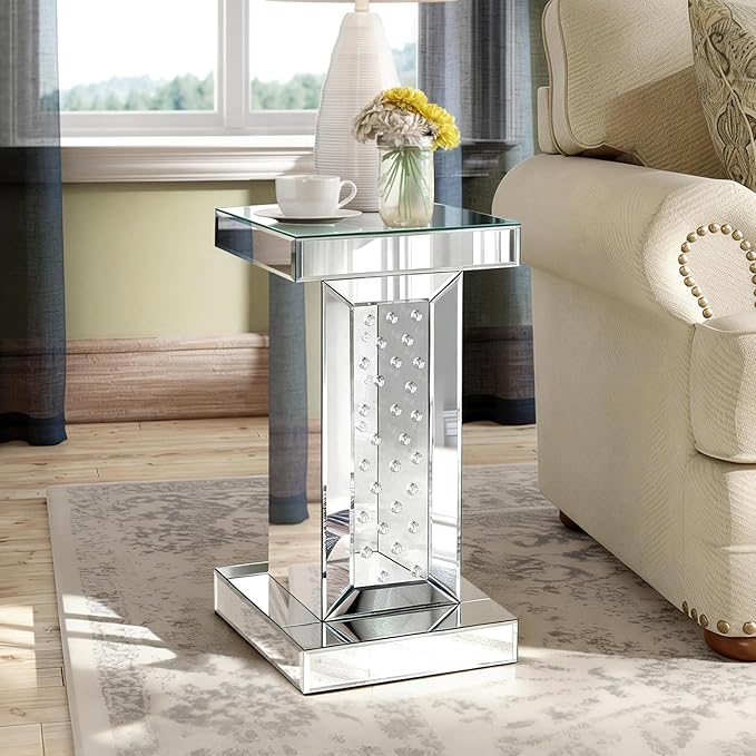 Mirrored End Table with Crushed Diamond Accent