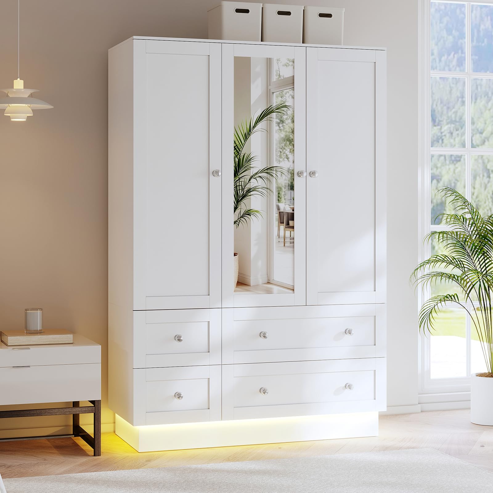 Wardrobe Closet with Mirror, LED Light & 4 Drawers