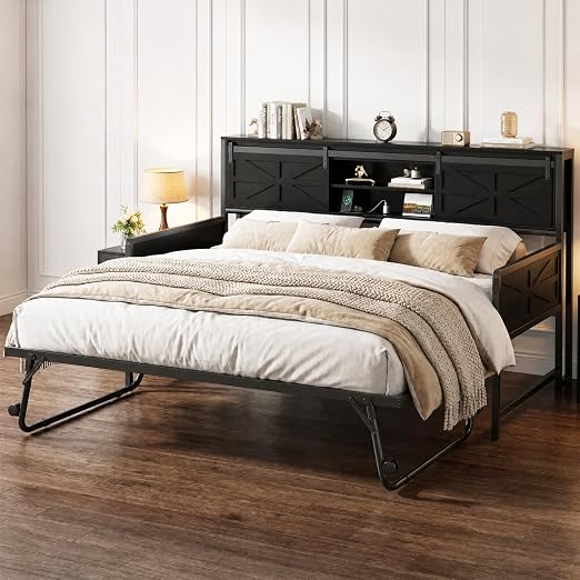 Twin Daybed with Pop-Up Trundle & Bookcase Headboard