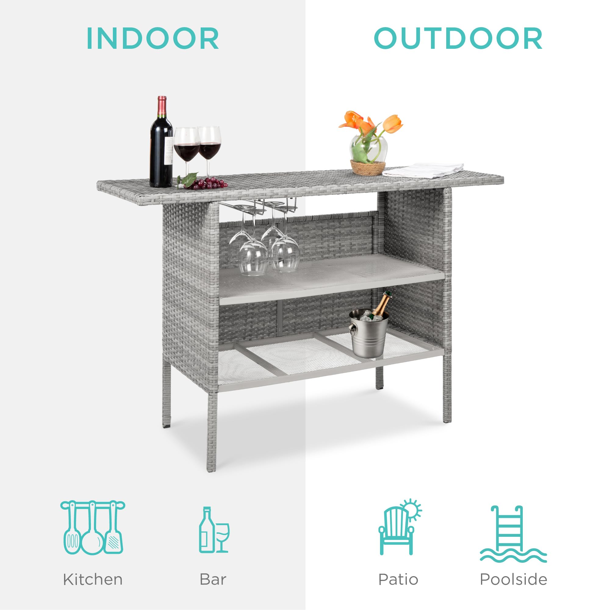 Best Choice Products Outdoor Patio Wicker Bar Counter Table Backyard Furniture w/ 2 Steel Shelves and 2 Sets of Rails - Gray