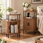 Fluted Nightstands Set of 2, Walnut Bedside Tables with Charging Station