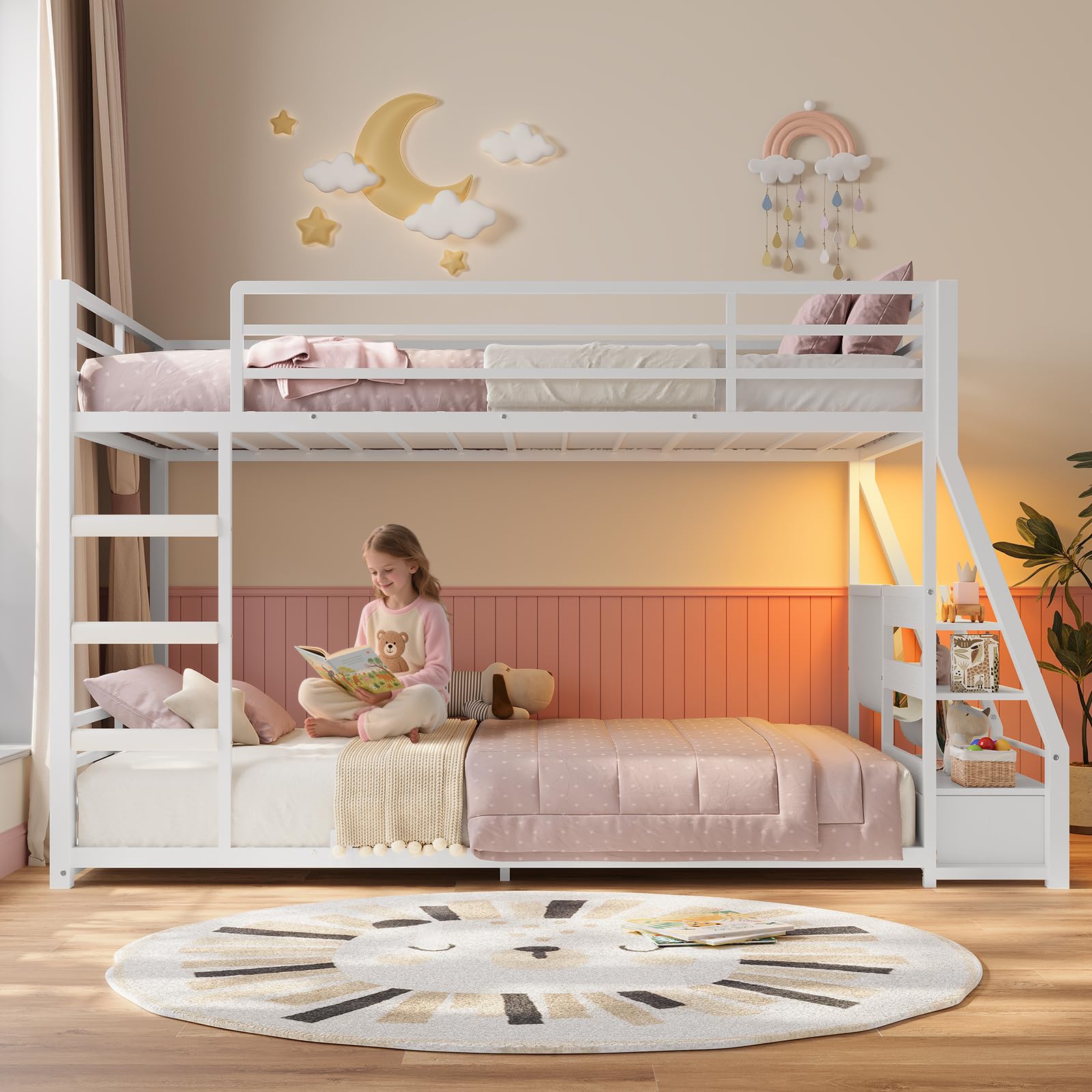 ADORNEVE Low Bunk Bed Twin Over Twin with Sling Bookshelves, Storage Drawers & Power Outlet, LED Metal Floor Bunk with Full-Length Guardrail & Metal Slats, No Box Spring Needed, for Kids, White
