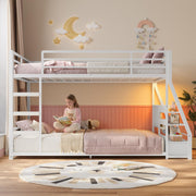 Twin over Twin Low Bunk Bed with Storage, RGB Lights & Power Outlet