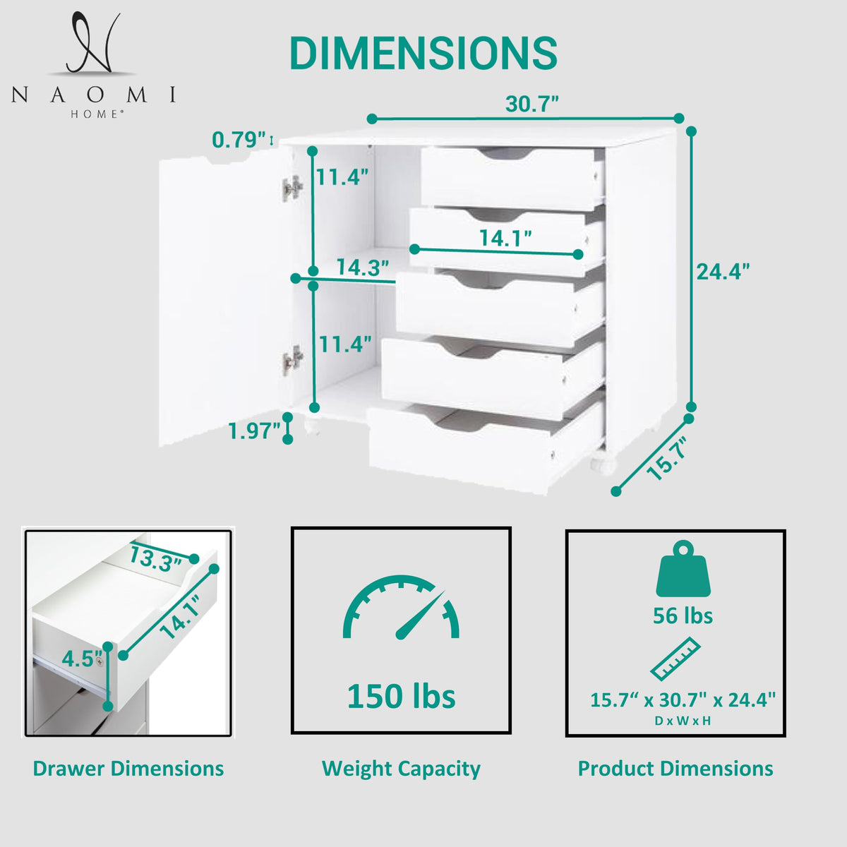Naomi Home Amy 5-Drawer Rolling Office File Cabinet - White