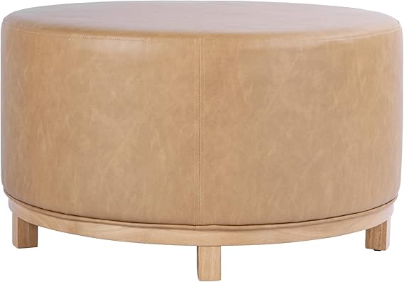 Round Upholstered Ottoman with Wood Base