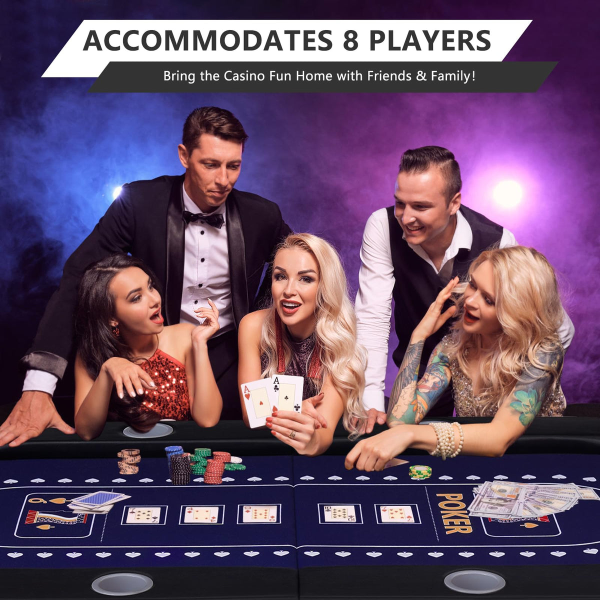 RAYKEEP Foldable Poker Table for 8 Players, 71" Texas Hold'em Casino Table