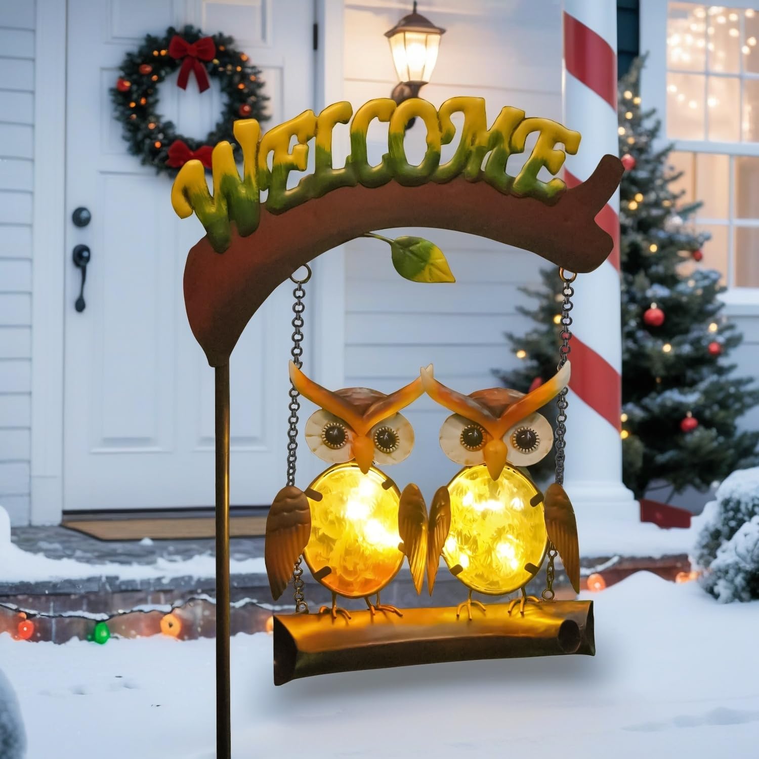 Solar Owl Swing Garden Stake Light with Welcome Sign