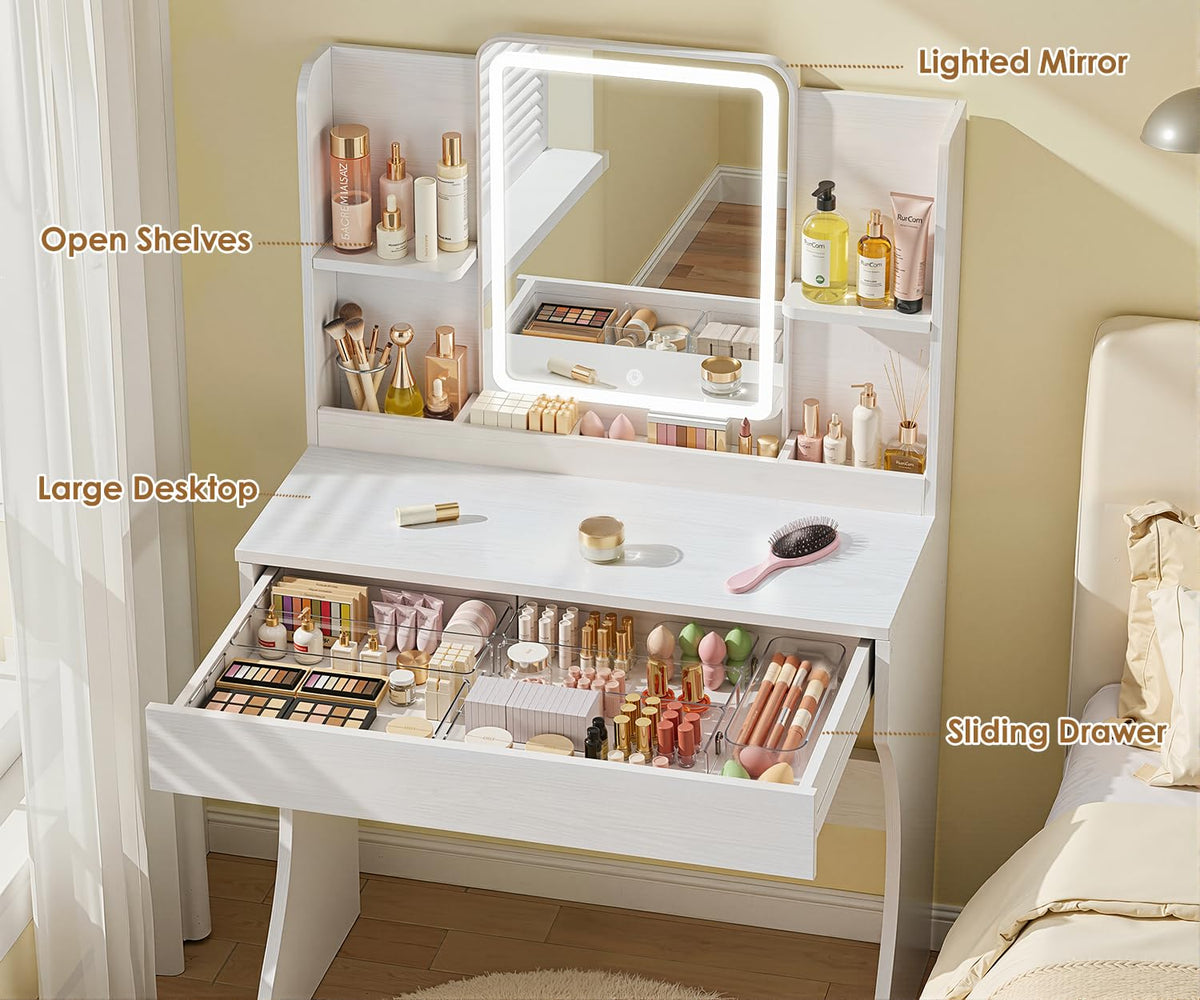 White Small Vanity Desk With Mirror and Lights, 3 Light Modes & Dimmable