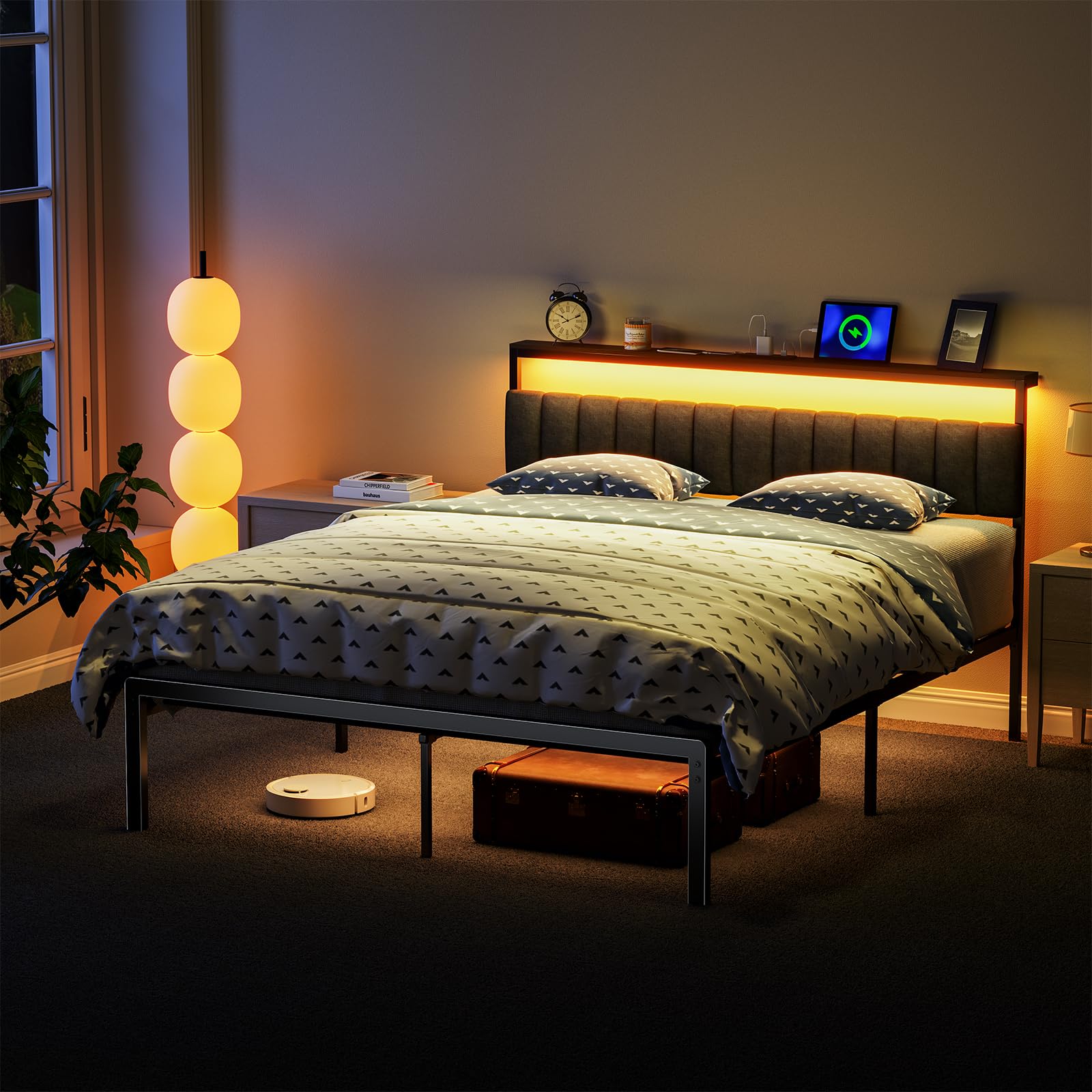 Woanke Queen Bed Frame no Box Spring Needed, Bed Queen Size with Headboard & Led Lights & Charging Station, Queen Metal Bed Frame, Queen Bed Frames Noise-Free/Assembly Easily, Black Bed Frame Queen