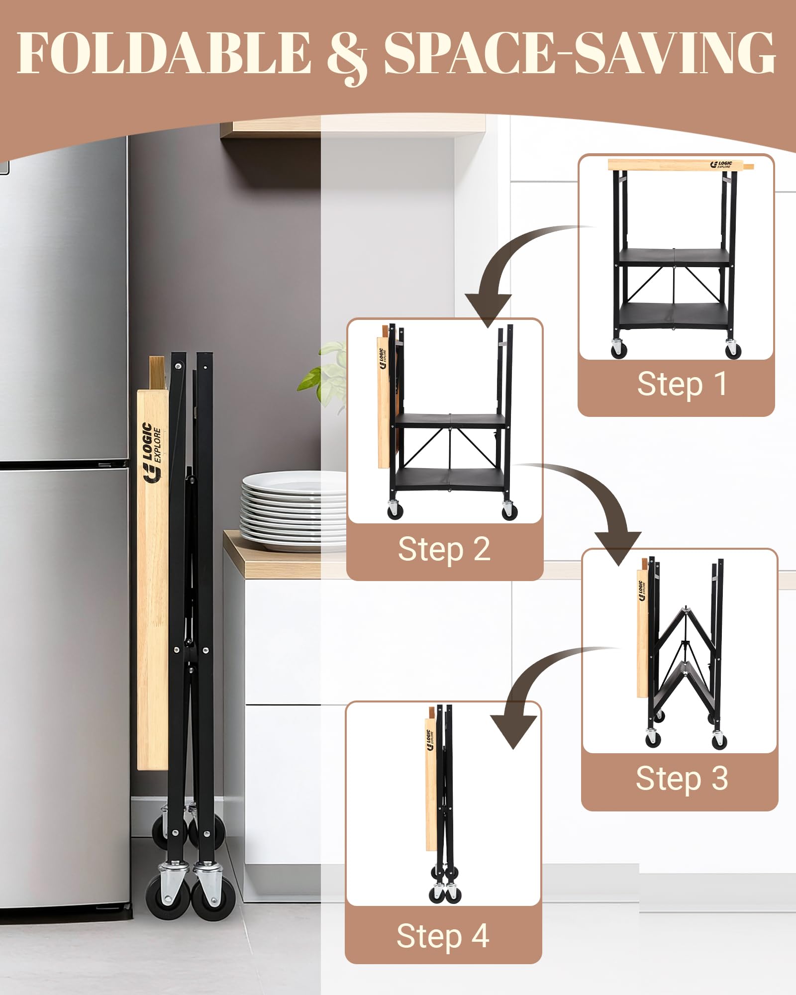 Logicexplore Foldable Kitchen Storage Cart with Solid Oak Top, Heavy-Duty Metal Frame, 3-Tier Rolling Utility Rack, Kitchen Island on Lockable Wheels for Microwave, Toaster Oven & Food Prep