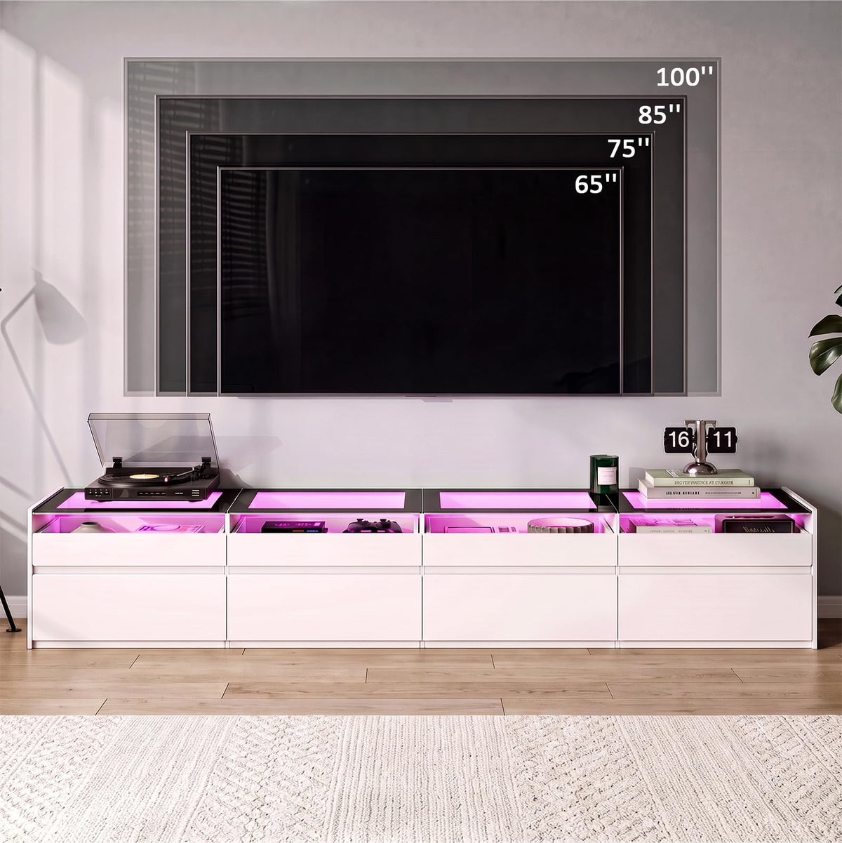 UANRBOA 94.5" TV Stands for Living Room, TV Console with LED Lights, White