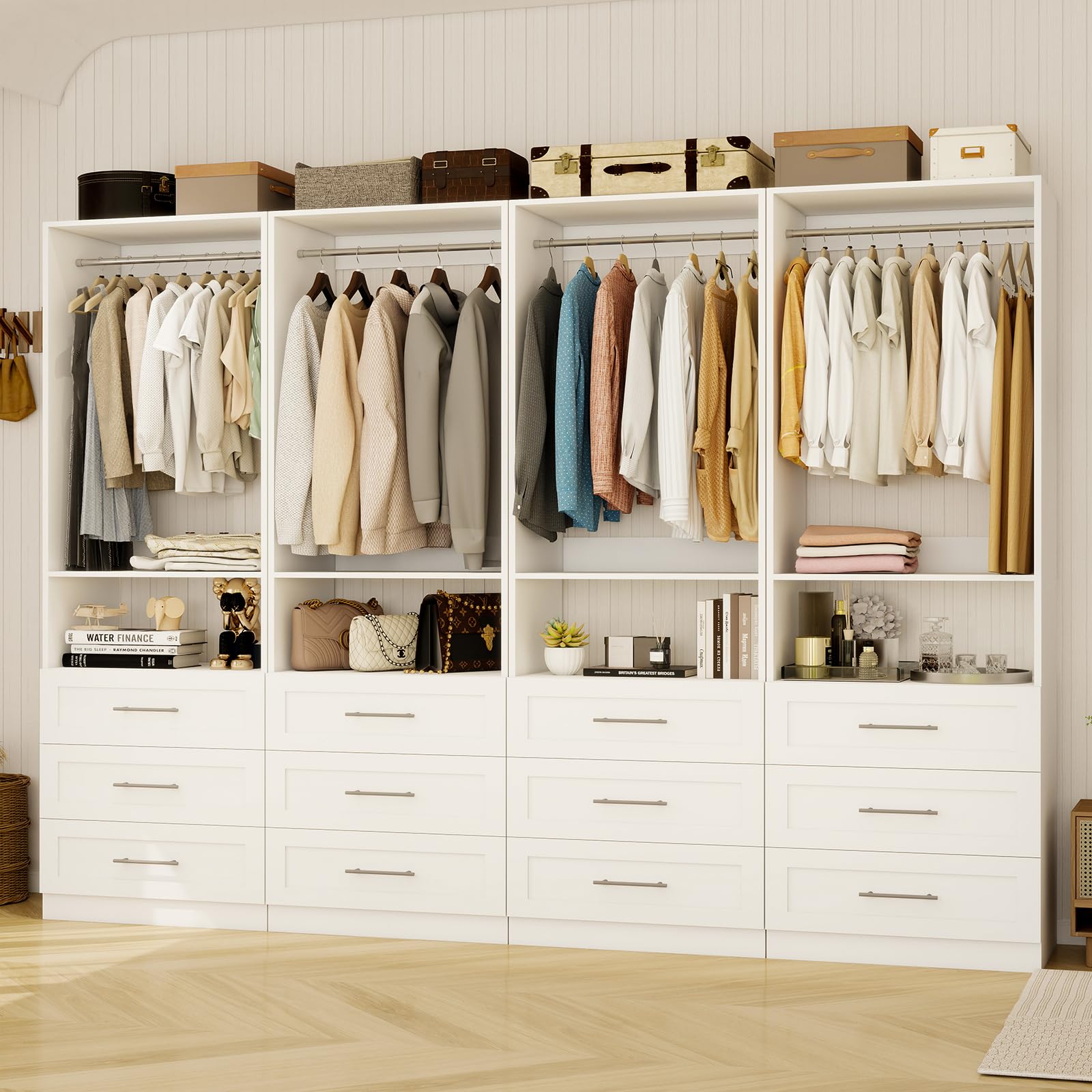 Closet System with Wooden Drawers, 8FT Closet Organize System with Drawers & Hanging Rods &for Walk in Closets, 4PCS*24" Freestanding Closet System, White(8FT)