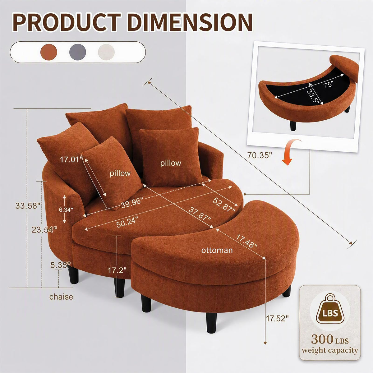GKUOMEOLE Oversized Accent Barrel Chair Large Round Chair 70.35" Chenille Lounge Chair with Multifunctional Ottoman&5 Throw Pillows Brown